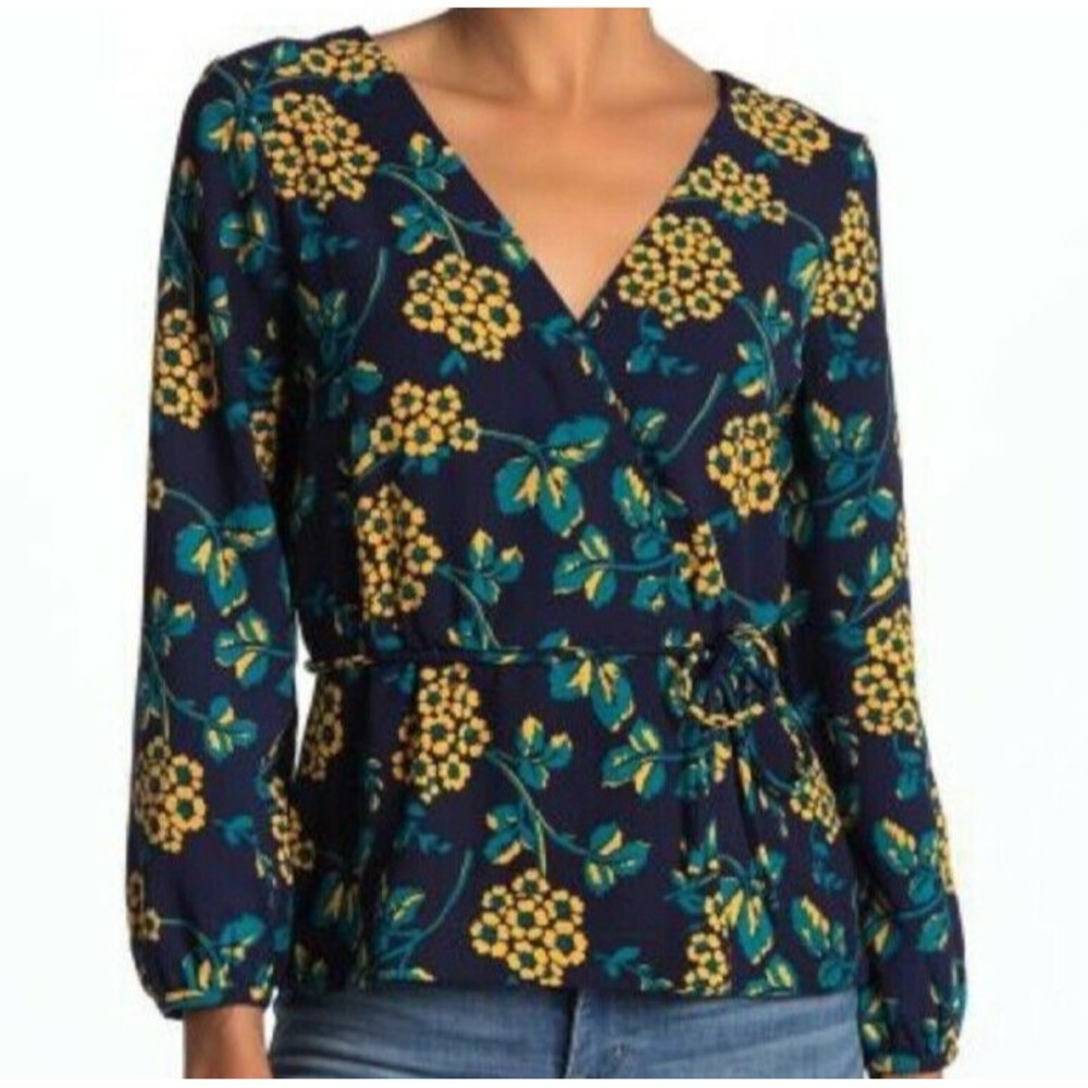 J Crew Womens Navy Blue Yellow Floral Print Faux Wrap Top Blouse Size XS medium